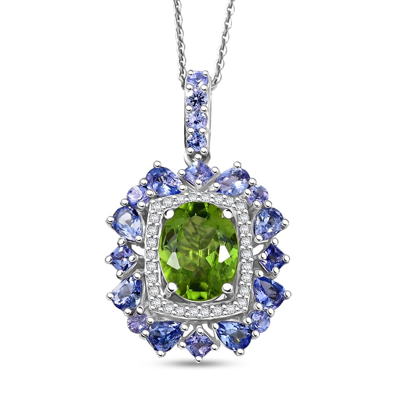 D'Joy Hebei Peridot and Multi Gemstone 4.50 ctw Imperial Bloom Pendant Necklace in Rhodium Over Sterling Silver 20 Inches
