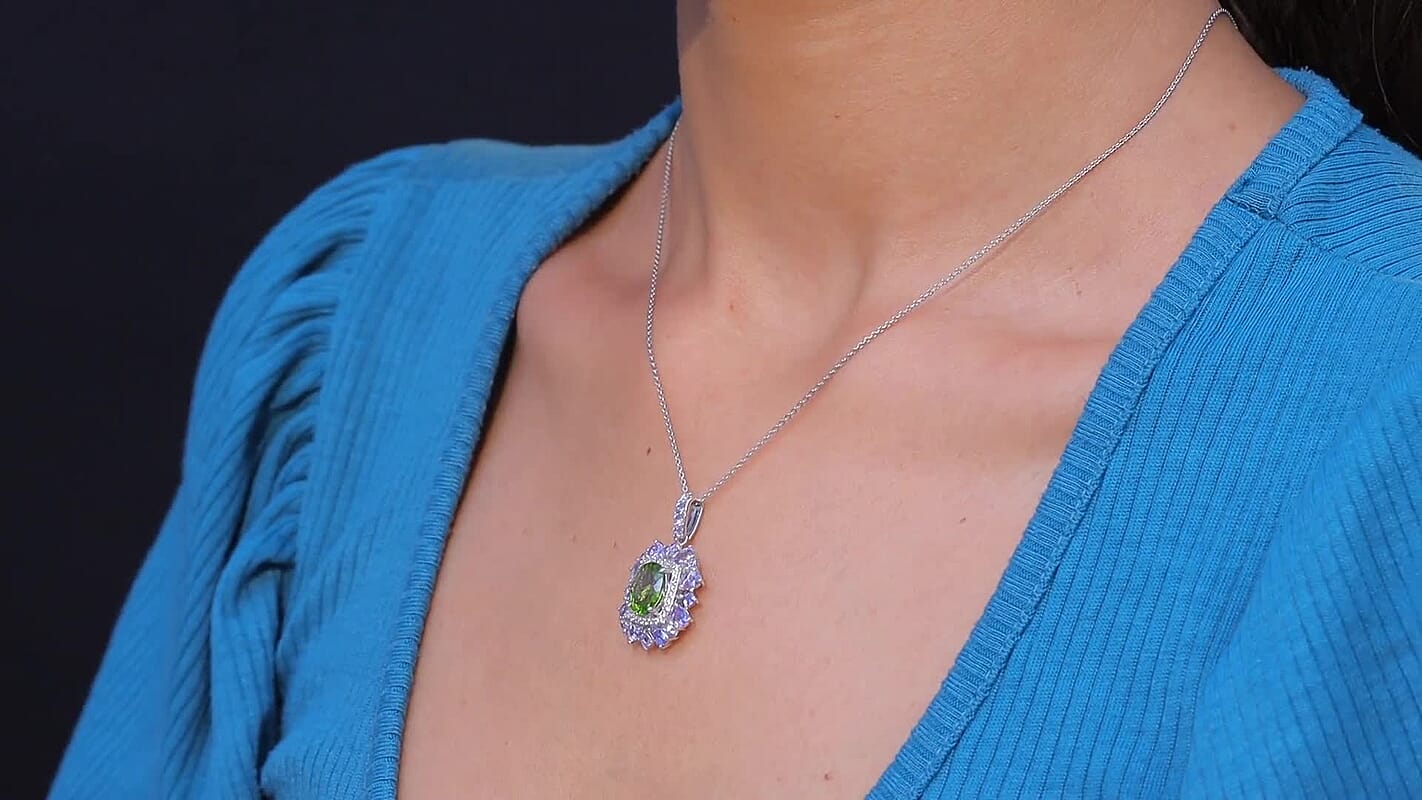 D'Joy Hebei Peridot and Multi Gemstone 4.50 ctw Pendant Necklace in Rhodium Over Sterling Silver 20 Inches