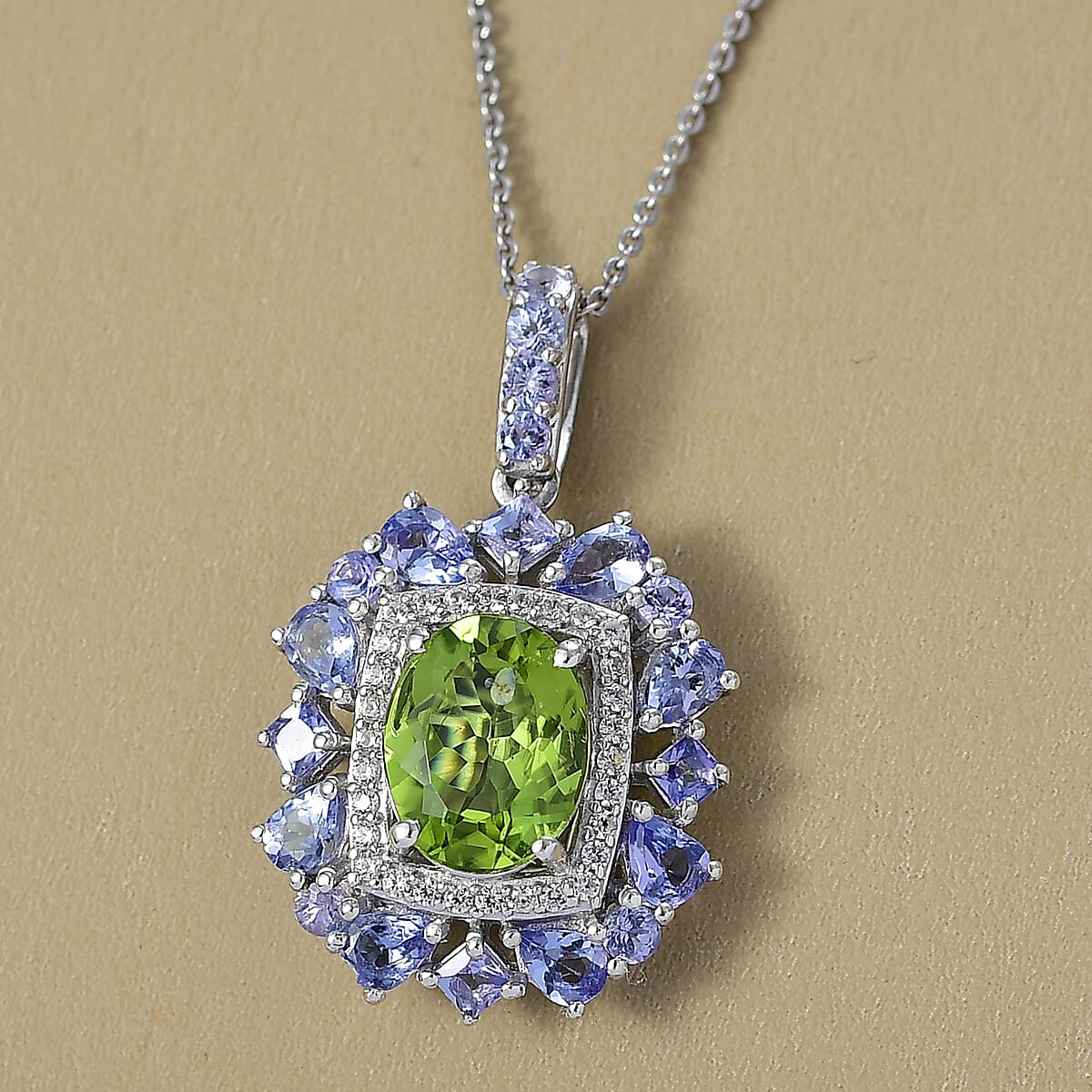 D'Joy Hebei Peridot and Multi Gemstone 4.50 ctw Imperial Bloom Pendant Necklace in Rhodium Over Sterling Silver 20 Inches image number 1