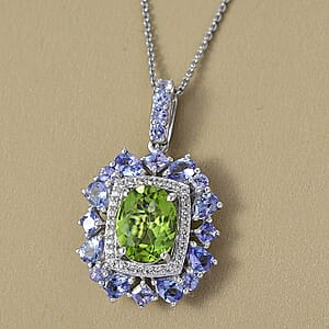 D'Joy Hebei Peridot and Multi Gemstone 4.50 ctw Imperial Bloom Pendant Necklace in Rhodium Over Sterling Silver 20 Inches