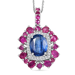  D'Joy Kashmir Kyanite and Multi Gemstone 6.40 ctw Imperial Bloom Pendant Necklace in Rhodium Over Sterling Silver 20 Inches