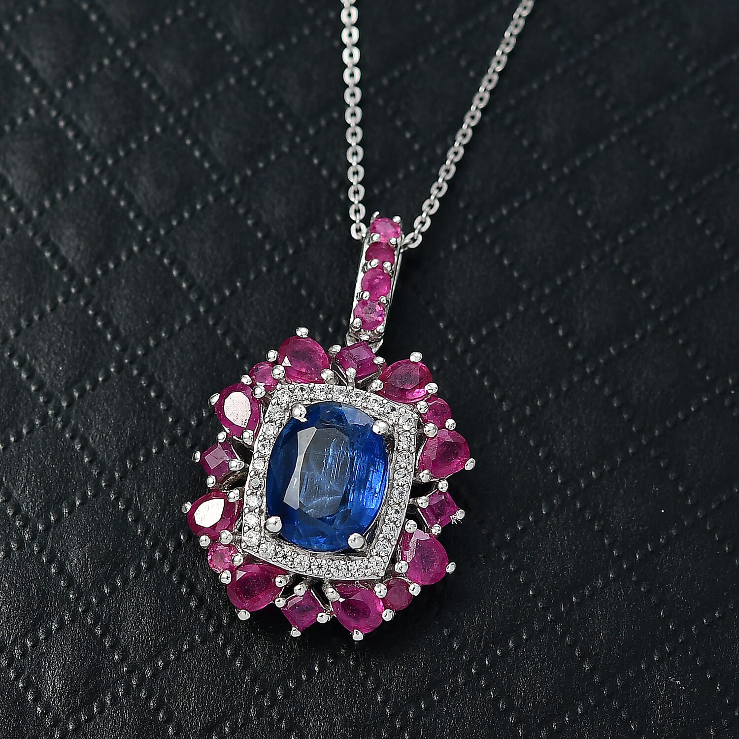 D'Joy Kashmir Kyanite and Multi Gemstone 6.40 ctw Imperial Bloom Pendant Necklace in Rhodium Over Sterling Silver 20 Inches