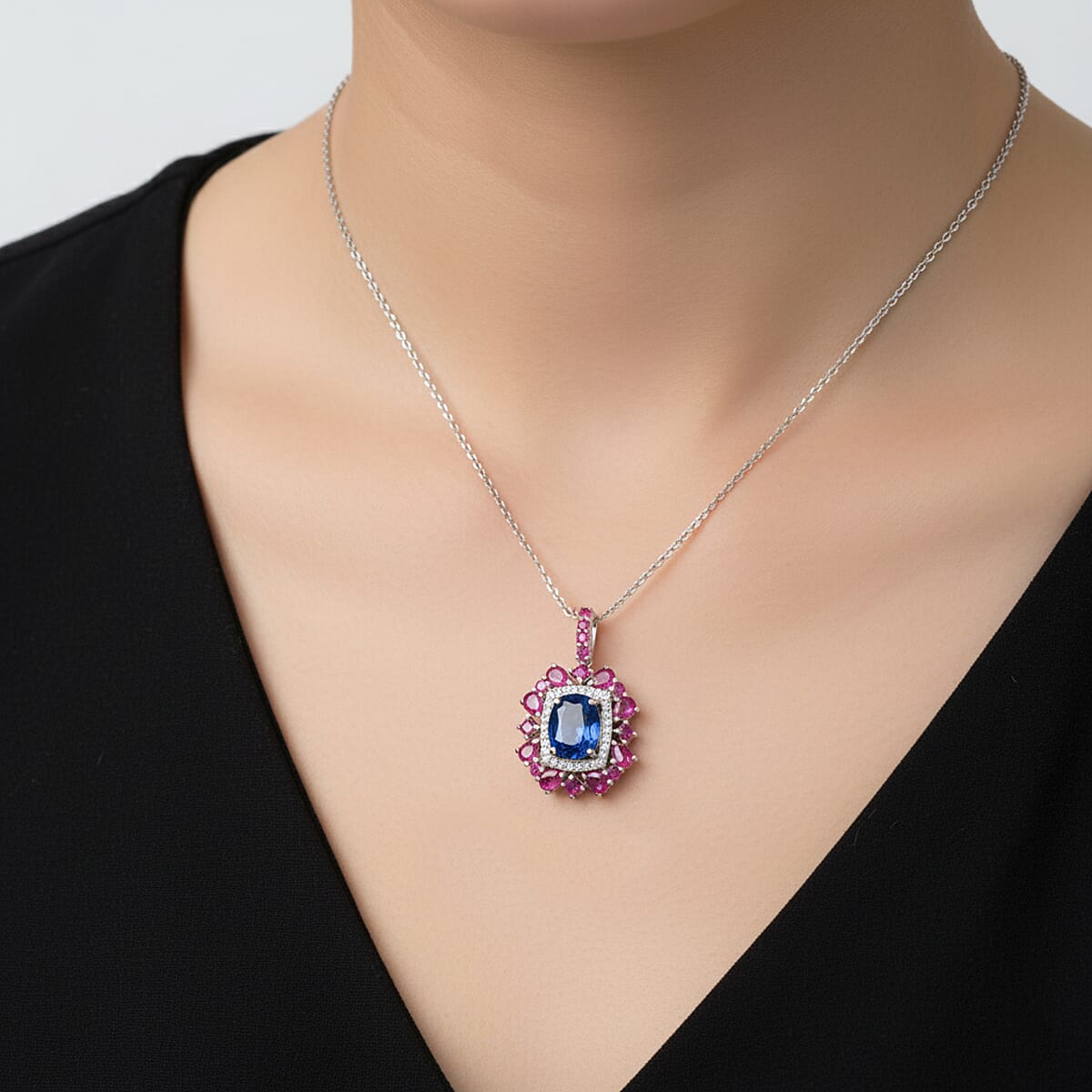  D'Joy Kashmir Kyanite and Multi Gemstone 6.40 ctw Imperial Bloom Pendant Necklace in Rhodium Over Sterling Silver 20 Inches image number 2