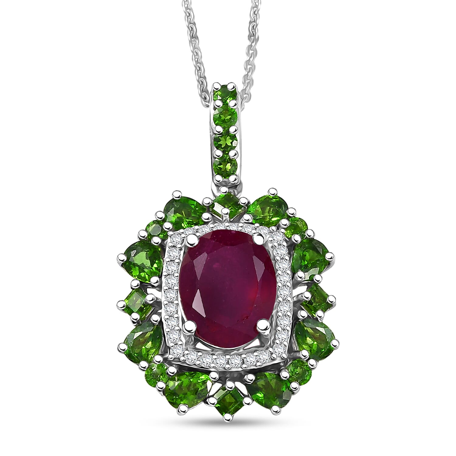 D'Joy Niassa Ruby (FF) and Multi Gemstone 6.35 ctw Imperial Bloom Pendant Necklace in Rhodium Over Sterling Silver 20 Inches