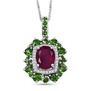  D'Joy Niassa Ruby (FF) and Multi Gemstone 6.35 ctw Imperial Bloom Pendant Necklace in Rhodium Over Sterling Silver 20 Inches