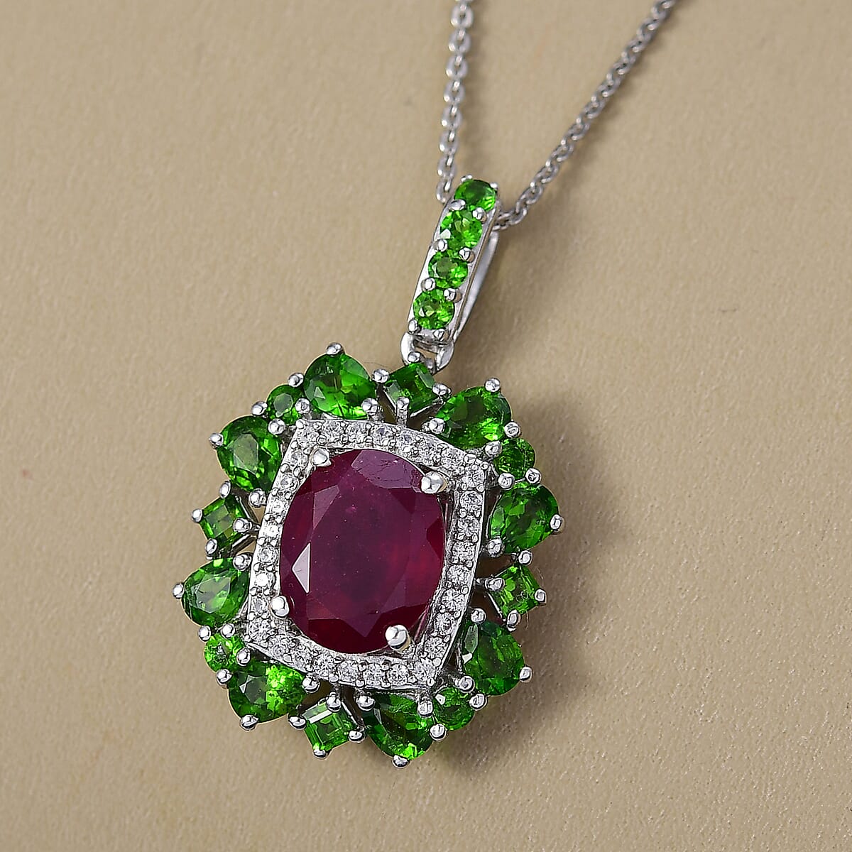  D'Joy Niassa Ruby (FF) and Multi Gemstone 6.35 ctw Imperial Bloom Pendant Necklace in Rhodium Over Sterling Silver 20 Inches image number 1