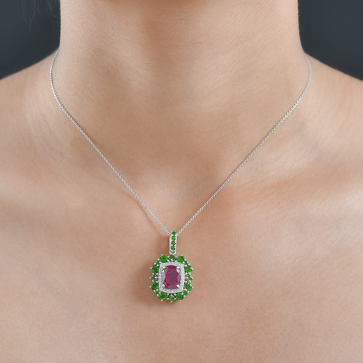  D'Joy Niassa Ruby (FF) and Multi Gemstone 6.35 ctw Imperial Bloom Pendant Necklace in Rhodium Over Sterling Silver 20 Inches image number 2