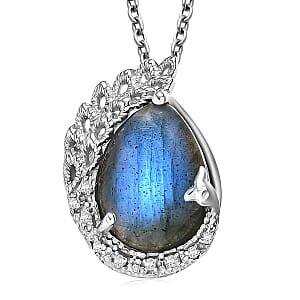 EverTrue AAA Malagasy Labradorite and White Zircon 8.90 ctw Pendant in Platinum Bond with Stainless Steel Necklace 20 Inches