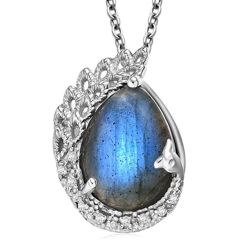 EverTrue AAA Malagasy Labradorite, White Zircon Pendant in Platinum Bond with Stainless Steel Necklace 8.90 ctw (20 Inches)