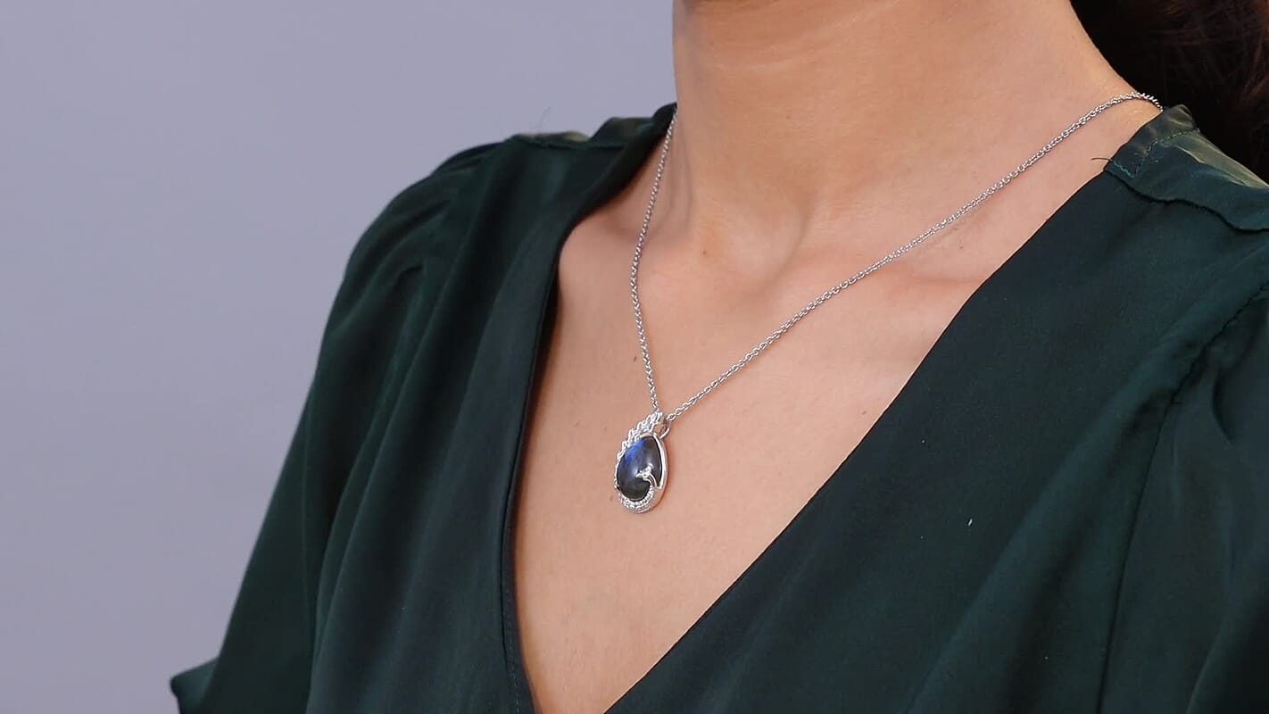 EverTrue AAA Malagasy Labradorite, White Zircon Pendant in Platinum Bond with Stainless Steel Necklace 8.90 ctw (20 Inches)
