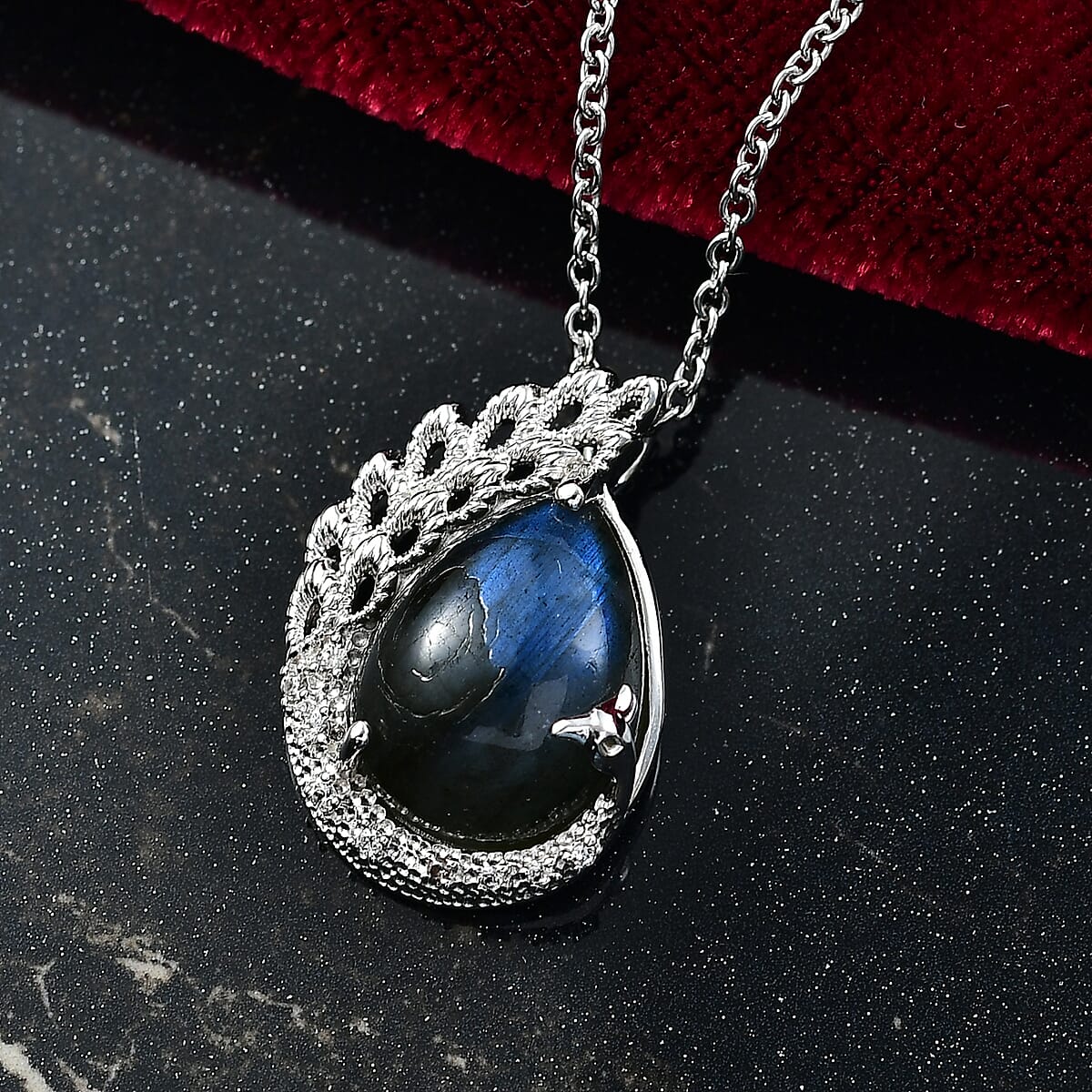 EverTrue AAA Malagasy Labradorite and White Zircon 8.90 ctw Pendant in Platinum Bond with Stainless Steel Necklace 20 Inches image number 1
