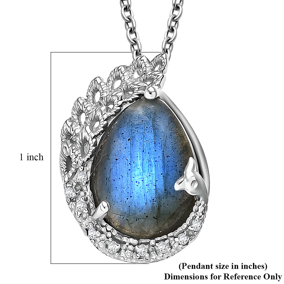 EverTrue AAA Malagasy Labradorite, White Zircon Pendant in Platinum Bond with Stainless Steel Necklace 8.90 ctw (20 Inches)