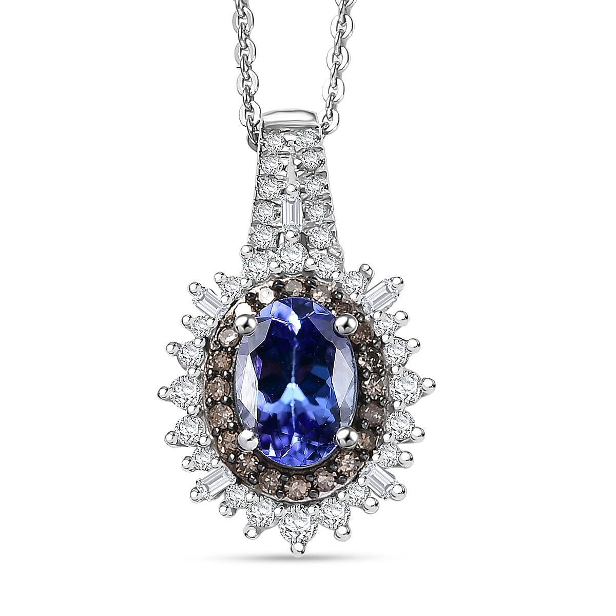 D'Joy Premium Tanzanite, Natural Champagne and White Diamond 1.30 ctw Sunburst Halo Pendant Necklace  in Rhodium Over Sterling Silver 20 Inches image number 0