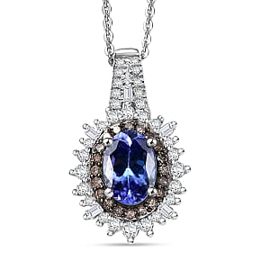 D'Joy Premium Tanzanite, Natural Champagne and White Diamond 1.30 ctw Sunburst Halo Pendant Necklace  in Rhodium Over Sterling Silver 20 Inches