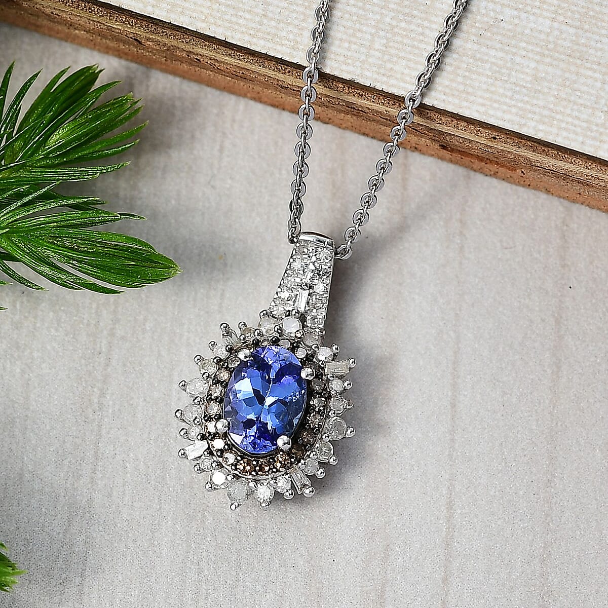 D'Joy Premium Tanzanite, Natural Champagne and White Diamond 1.30 ctw Sunburst Halo Pendant Necklace  in Rhodium Over Sterling Silver 20 Inches image number 1