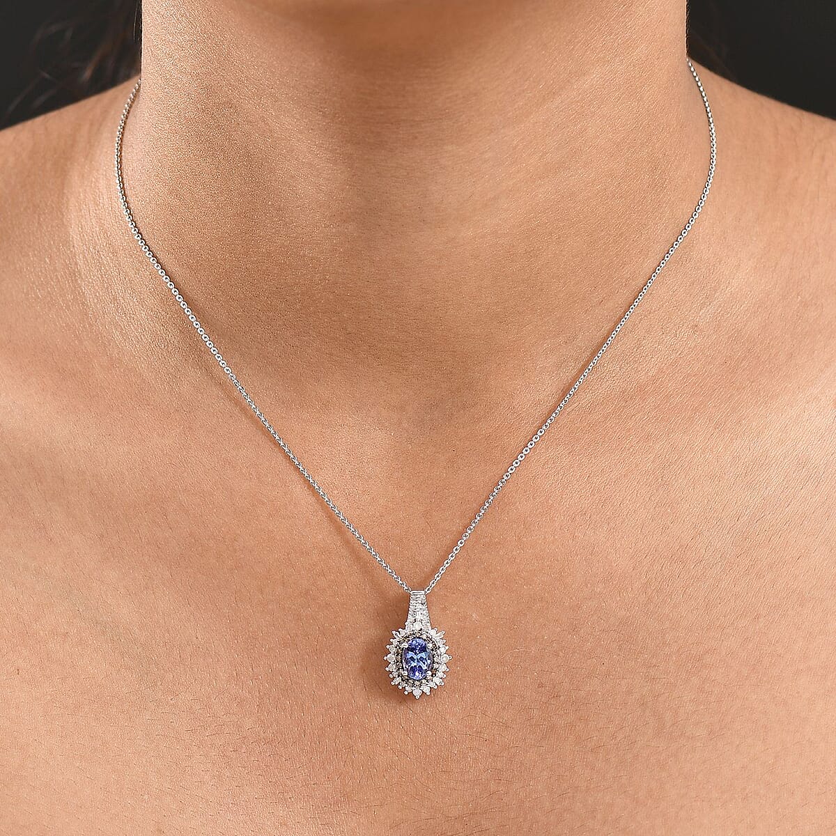 D'Joy Premium Tanzanite, Natural Champagne and White Diamond 1.30 ctw Sunburst Halo Pendant Necklace  in Rhodium Over Sterling Silver 20 Inches image number 2
