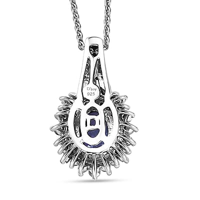 D'Joy Premium Tanzanite, Natural Champagne and White Diamond 1.30 ctw Sunburst Halo Pendant Necklace  in Rhodium Over Sterling Silver 20 Inches