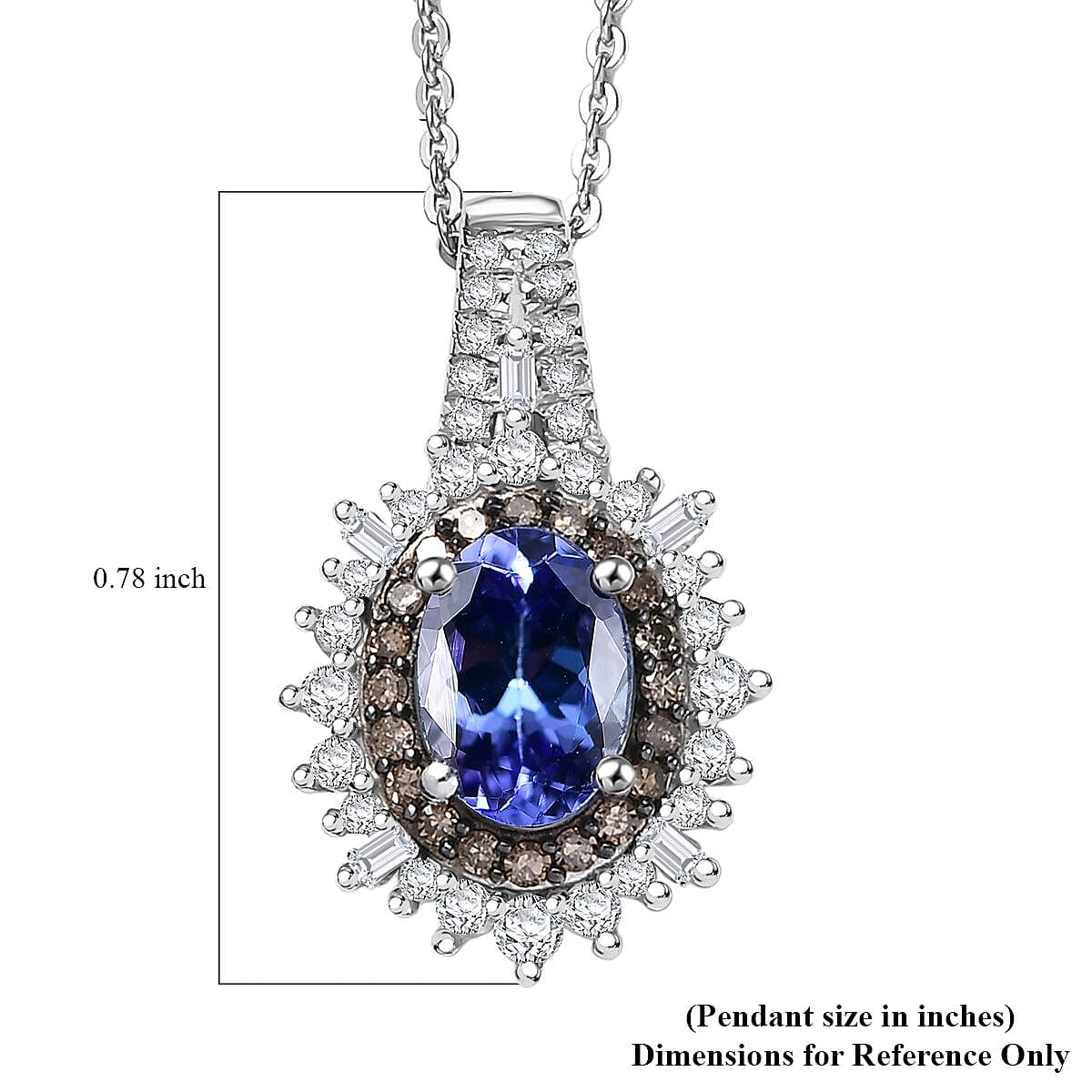 D'Joy Premium Tanzanite, Natural Champagne and White Diamond 1.30 ctw Sunburst Halo Pendant Necklace  in Rhodium Over Sterling Silver 20 Inches image number 6