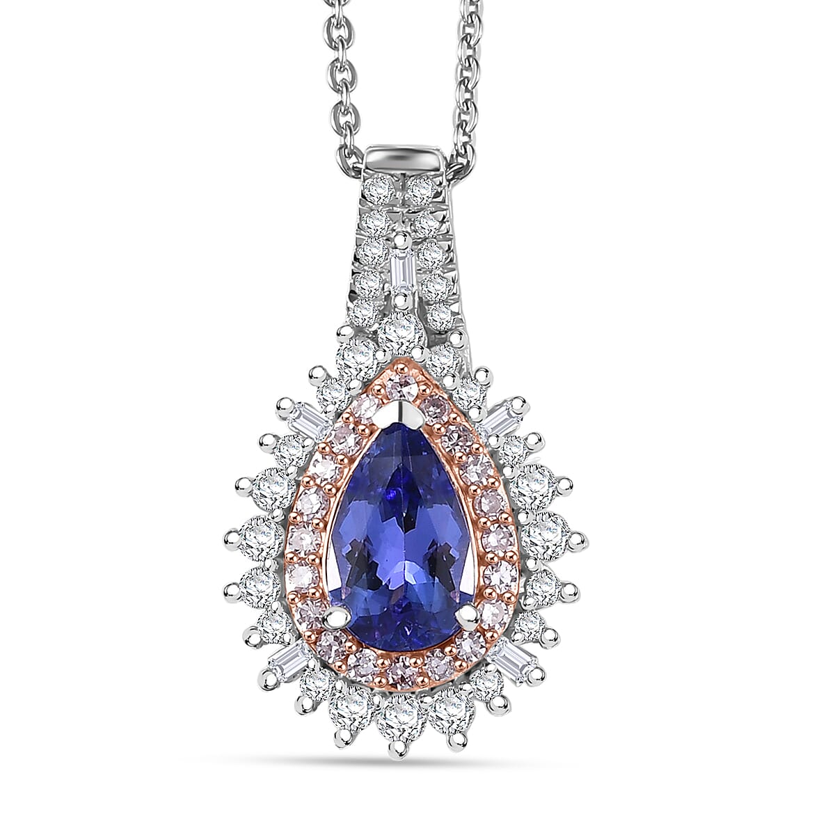 D'Joy Premium Tanzanite, Natural Champagne and White Diamond (0.39 cts) Sunburst Halo Pendant Necklace (20 Inches) in Rhodium Over Sterling Silver 1.30 ctw