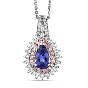 D'Joy Premium Tanzanite, Natural White and Pink Diamond 1.30 ctw Sunburst Halo Pendant Necklace in Rhodium Over Sterling Silver 20 Inches