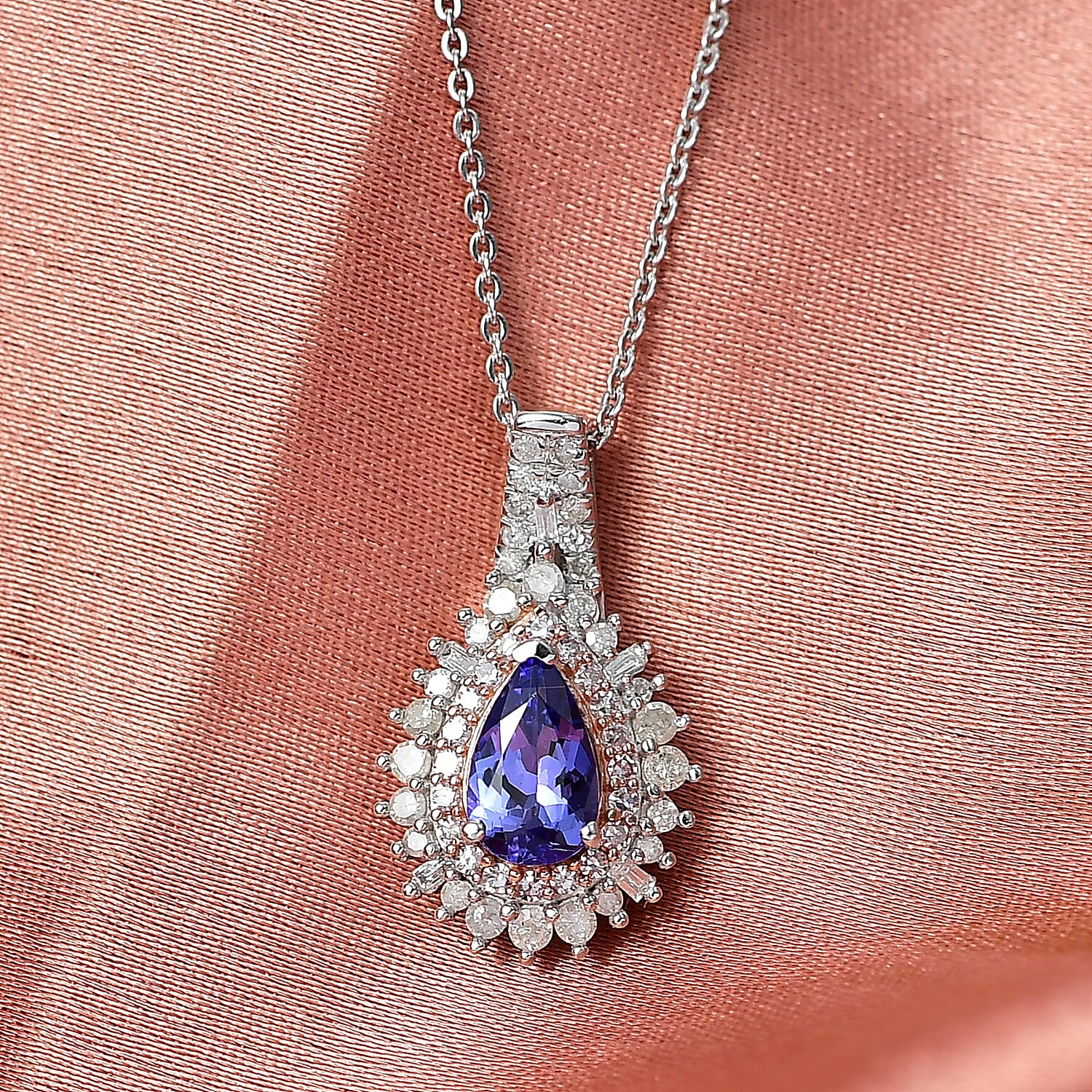 Doorbuster D'Joy Premium Tanzanite, Natural White and Pink Diamond 1.30 ctw Sunburst Halo Pendant Necklace in Rhodium Over Sterling Silver 20 Inches