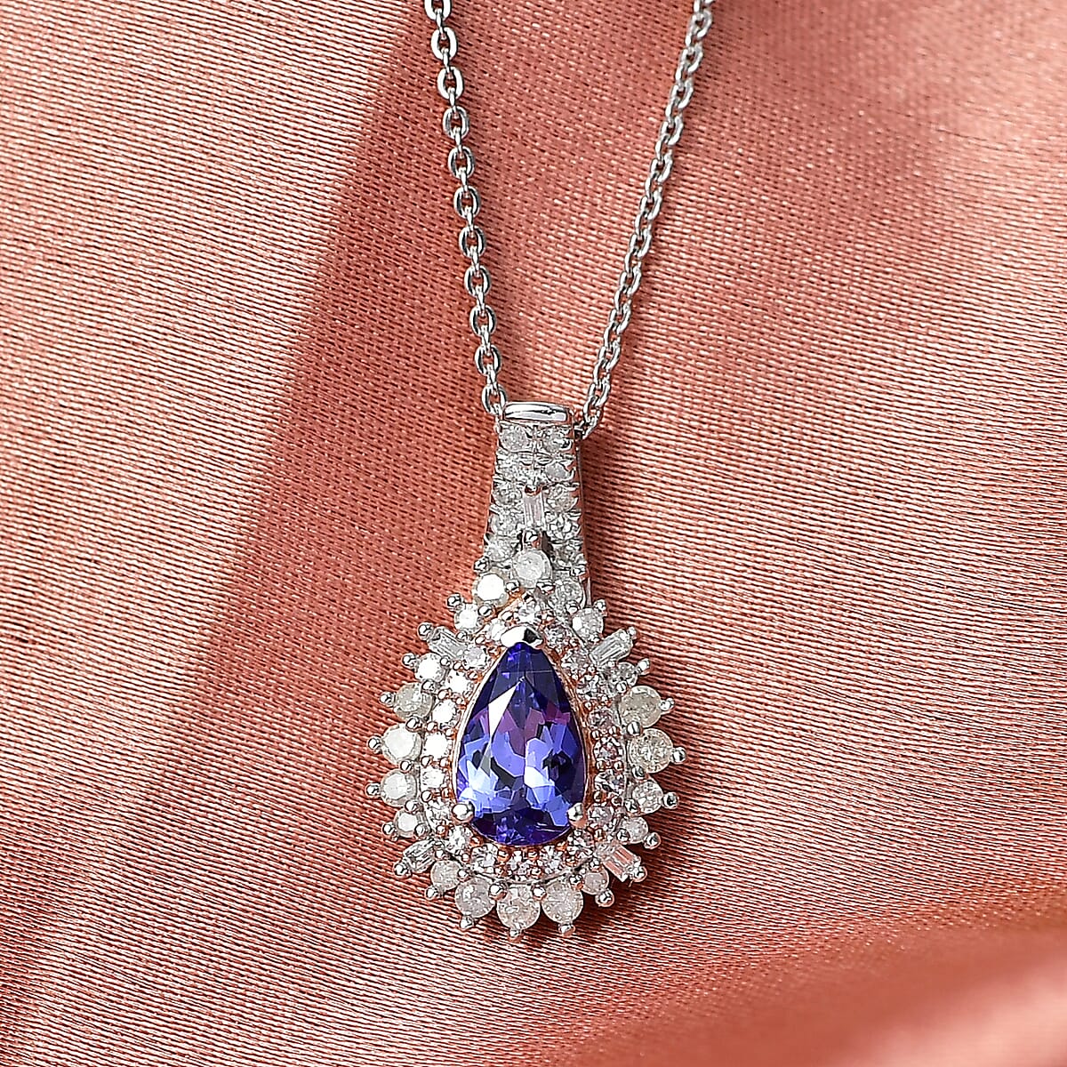 D'Joy Premium Tanzanite, Natural White and Pink Diamond 1.30 ctw Sunburst Halo Pendant Necklace in Rhodium Over Sterling Silver 20 Inches image number 1