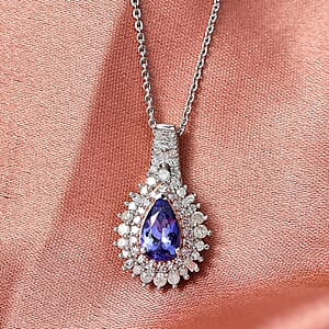 D'Joy Premium Tanzanite, Natural White and Pink Diamond 1.30 ctw Sunburst Halo Pendant Necklace in Rhodium Over Sterling Silver 20 Inches
