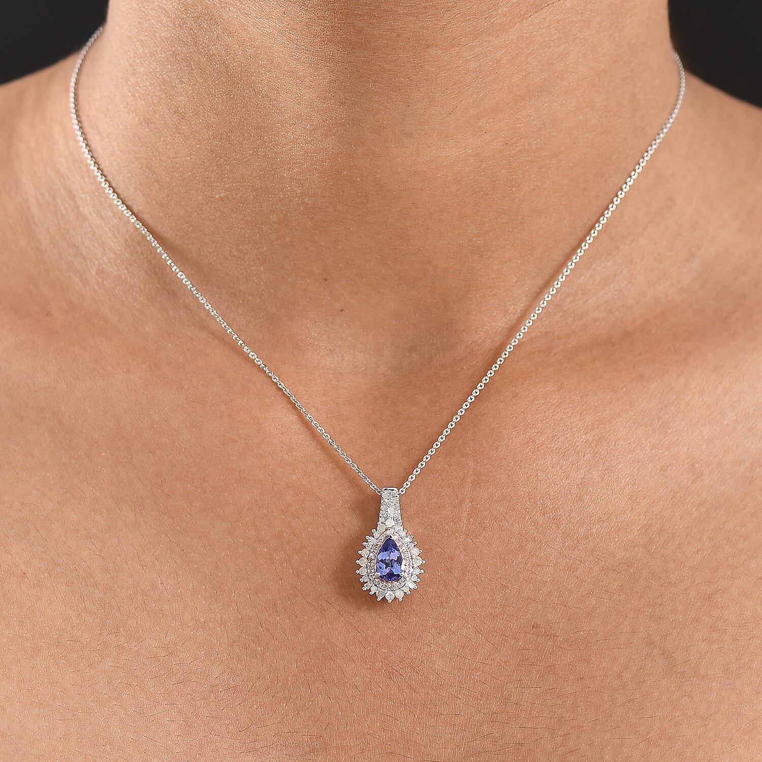 Doorbuster D'Joy Premium Tanzanite, Natural White and Pink Diamond 1.30 ctw Sunburst Halo Pendant Necklace in Rhodium Over Sterling Silver 20 Inches