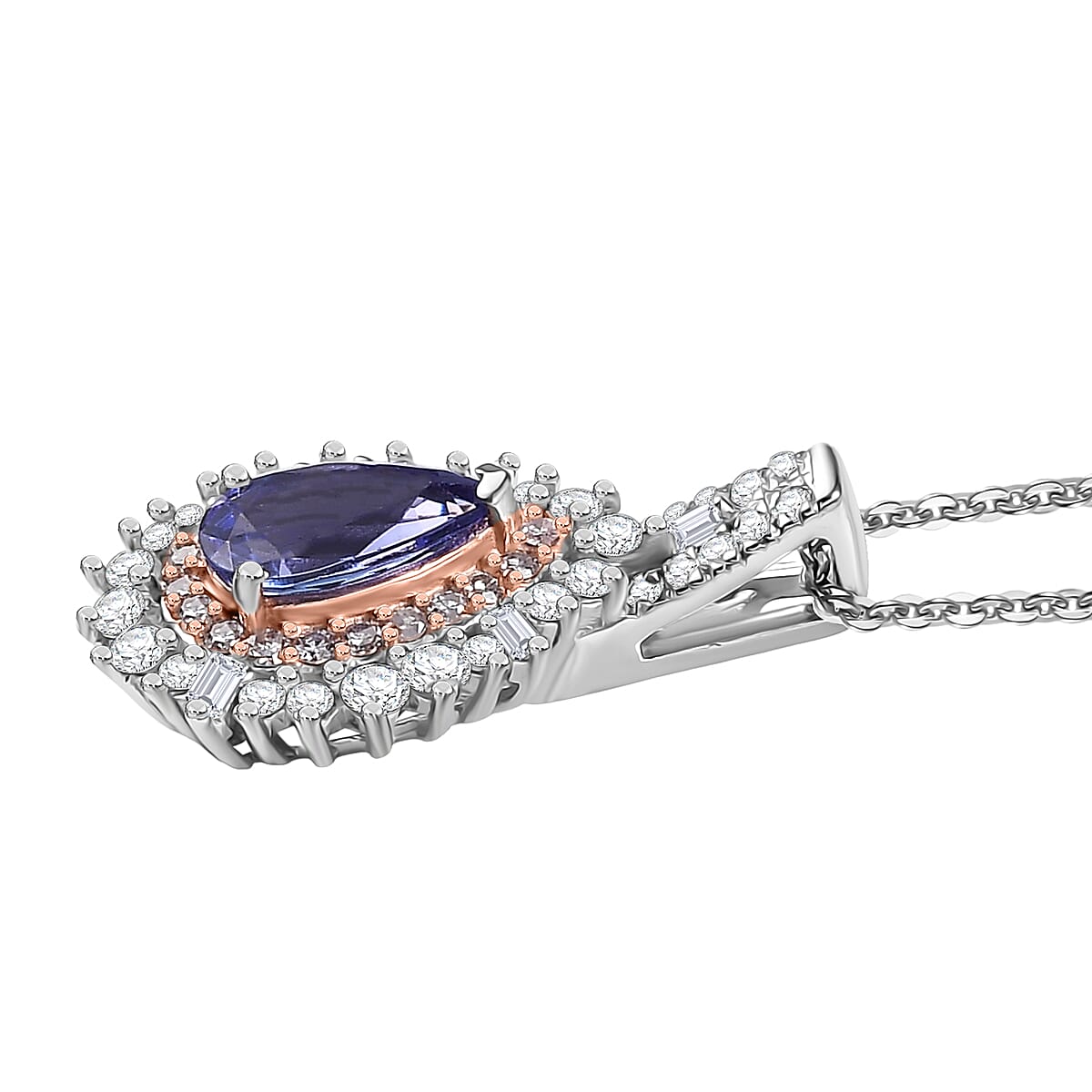 Doorbuster D'Joy Premium Tanzanite, Natural White and Pink Diamond 1.30 ctw Sunburst Halo Pendant Necklace in Rhodium Over Sterling Silver 20 Inches