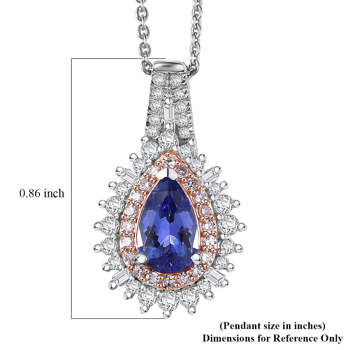 Doorbuster D'Joy Premium Tanzanite, Natural White and Pink Diamond 1.30 ctw Sunburst Halo Pendant Necklace in Rhodium Over Sterling Silver 20 Inches