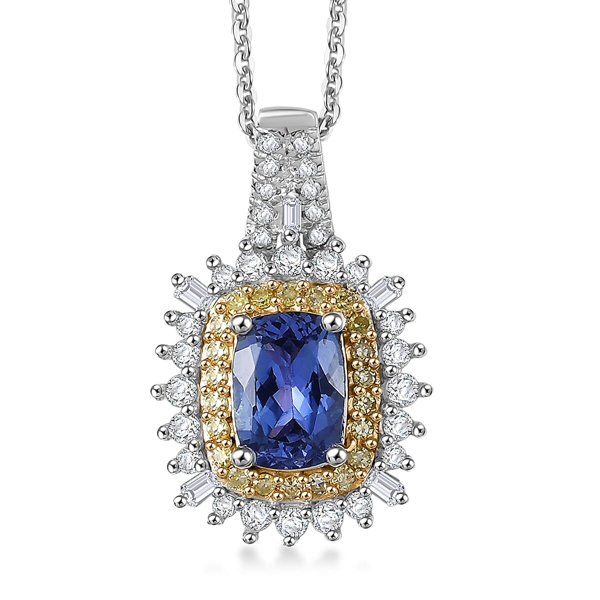 D'Joy Premium Tanzanite, Natural Champagne and White Diamond (0.39 cts) Sunburst Halo Pendant Necklace (20 Inches) in Rhodium Over Sterling Silver 1.30 ctw