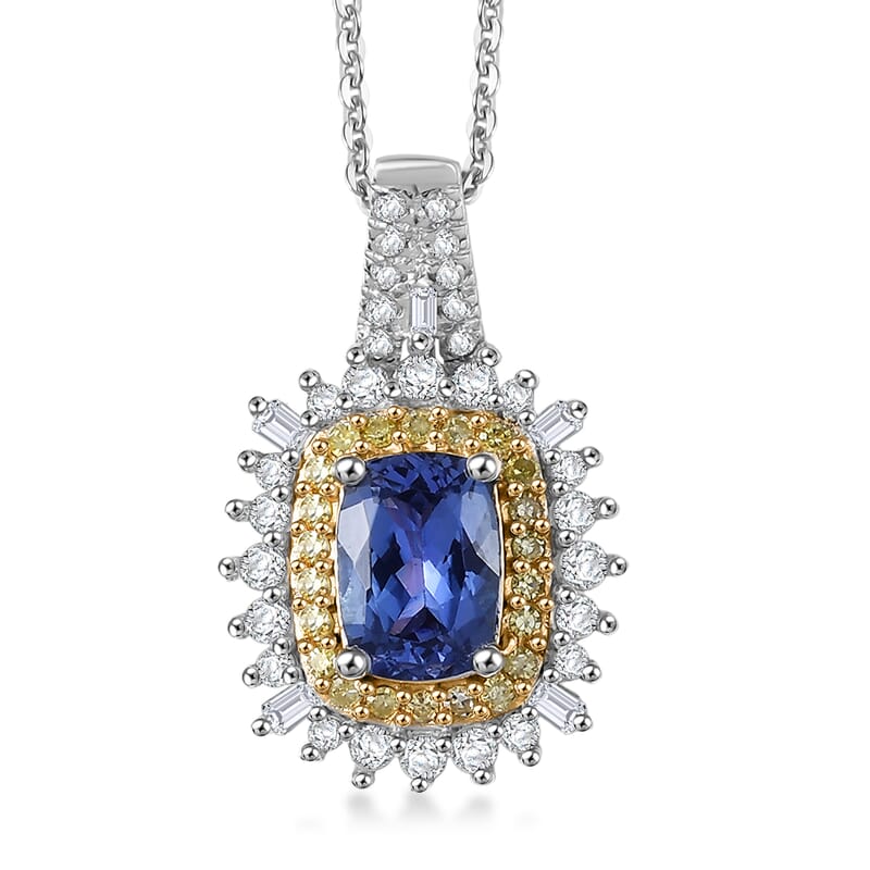 Doorbuster D'Joy Premium Tanzanite, Natural Yellow and White Diamond 1.25 ctw Sunburst Halo Pendant Necklace in Rhodium Over Sterling Silver 20 Inches