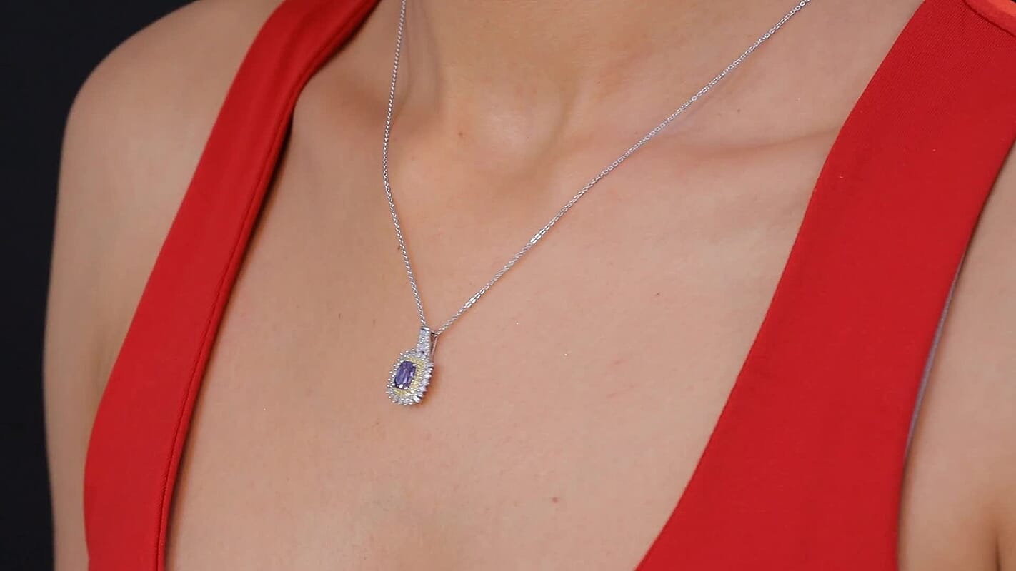 D'Joy Premium Tanzanite, Natural Champagne and White Diamond (0.39 cts) Sunburst Halo Pendant Necklace (20 Inches) in Rhodium Over Sterling Silver 1.30 ctw