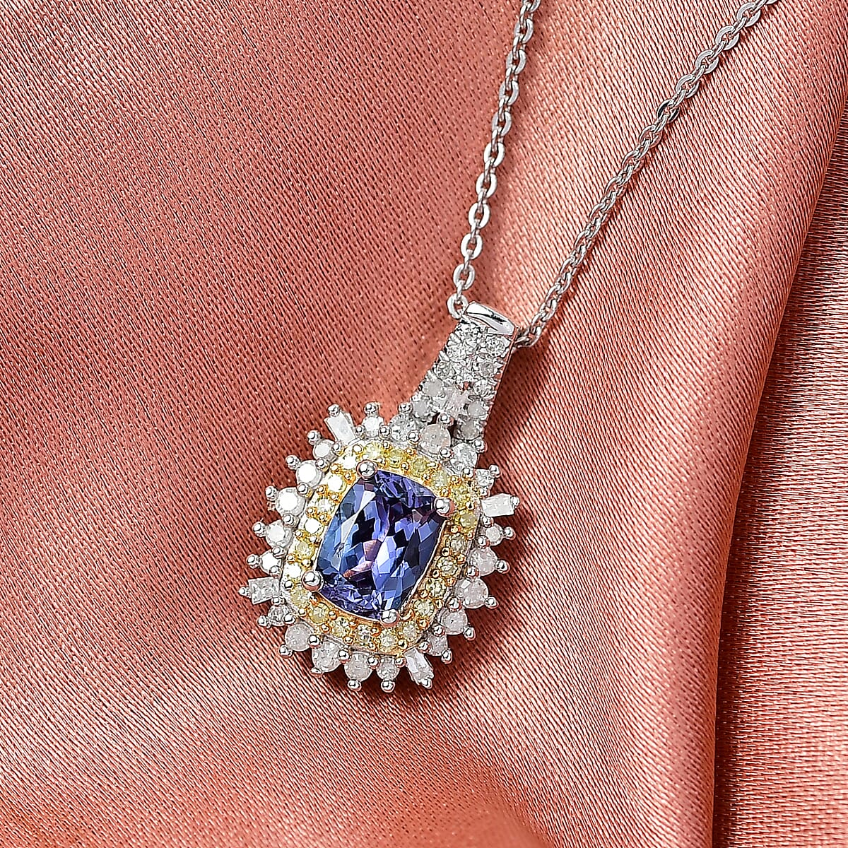 D'Joy Premium Tanzanite, Natural Yellow and White Diamond 1.25 ctw Sunburst Halo Pendant Necklace in Rhodium Over Sterling Silver 20 Inches image number 1