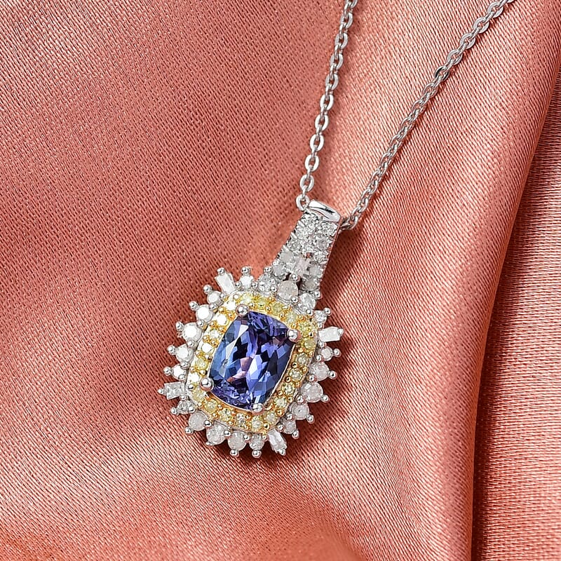 Doorbuster D'Joy Premium Tanzanite, Natural Yellow and White Diamond 1.25 ctw Sunburst Halo Pendant Necklace in Rhodium Over Sterling Silver 20 Inches