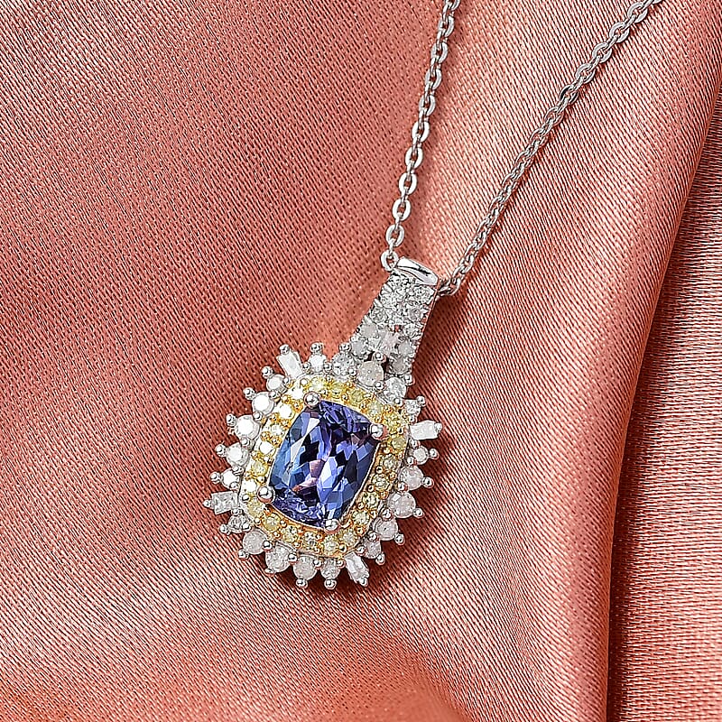 D'Joy Premium Tanzanite, Natural Yellow and White Diamond 1.25 ctw Sunburst Halo Pendant Necklace in Rhodium Over Sterling Silver 20 Inches