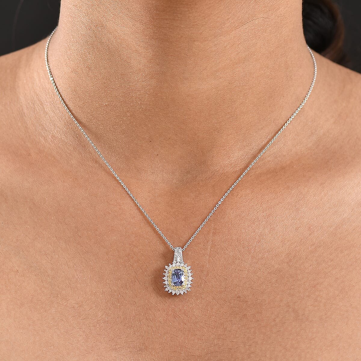 D'Joy Premium Tanzanite, Natural Yellow and White Diamond 1.25 ctw Sunburst Halo Pendant Necklace in Rhodium Over Sterling Silver 20 Inches image number 2