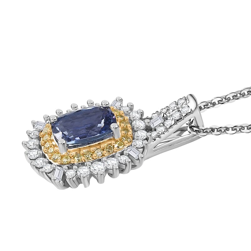 Doorbuster D'Joy Premium Tanzanite, Natural Yellow and White Diamond 1.25 ctw Sunburst Halo Pendant Necklace in Rhodium Over Sterling Silver 20 Inches
