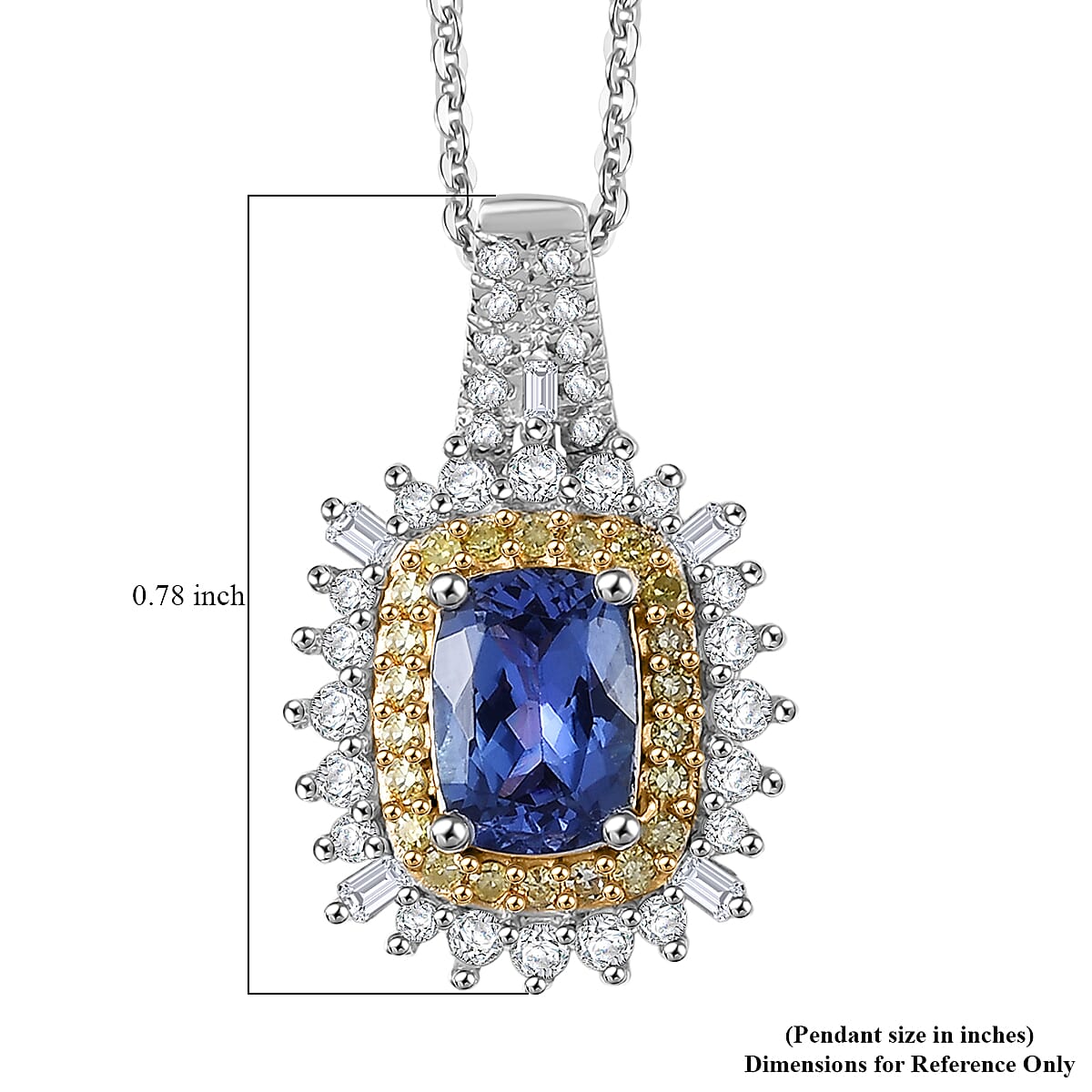 D'Joy Premium Tanzanite, Natural Yellow and White Diamond 1.25 ctw Sunburst Halo Pendant Necklace in Rhodium Over Sterling Silver 20 Inches image number 6