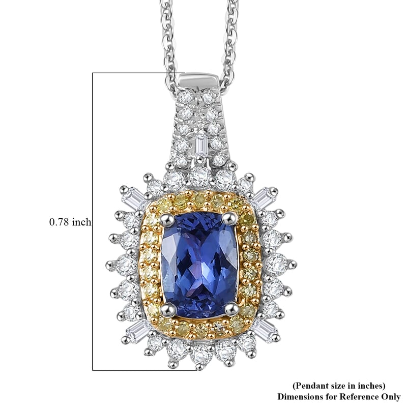 Doorbuster D'Joy Premium Tanzanite, Natural Yellow and White Diamond 1.25 ctw Sunburst Halo Pendant Necklace in Rhodium Over Sterling Silver 20 Inches