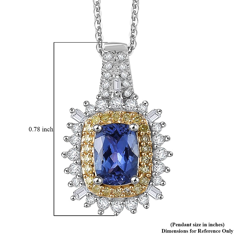 D'Joy Premium Tanzanite, Natural Yellow and White Diamond 1.25 ctw Sunburst Halo Pendant Necklace in Rhodium Over Sterling Silver 20 Inches