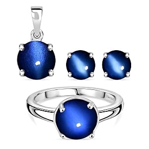Aurora Moonstone 6.76 ctw Solitaire Stud Earrings, Ring (Size 9.0) and Pendant in Rhodium Over Sterling Silver