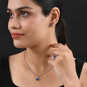 Aurora Moonstone 6.76 ctw Solitaire Stud Earrings, Ring (Size 9.0) and Pendant in Rhodium Over Sterling Silver