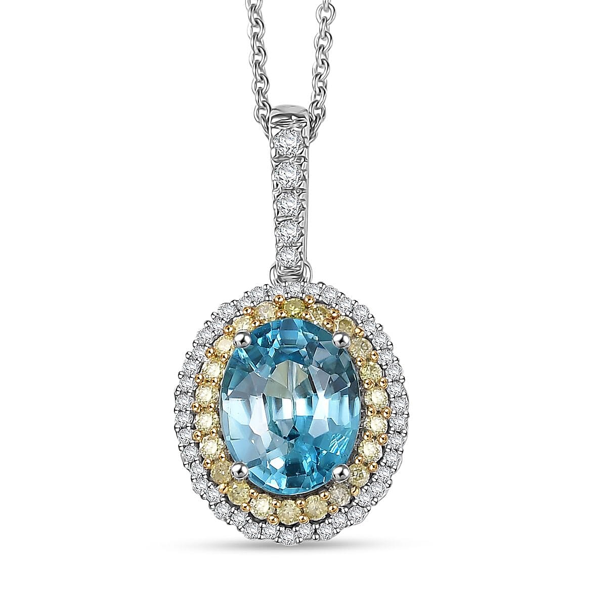 Luxoro AAA Cambodian Blue Zircon, Natural Yellow and White Diamond I2 3.65 ctw Sunlit Ocean Ring in 10K White Gold (Size 8.0) image number 0