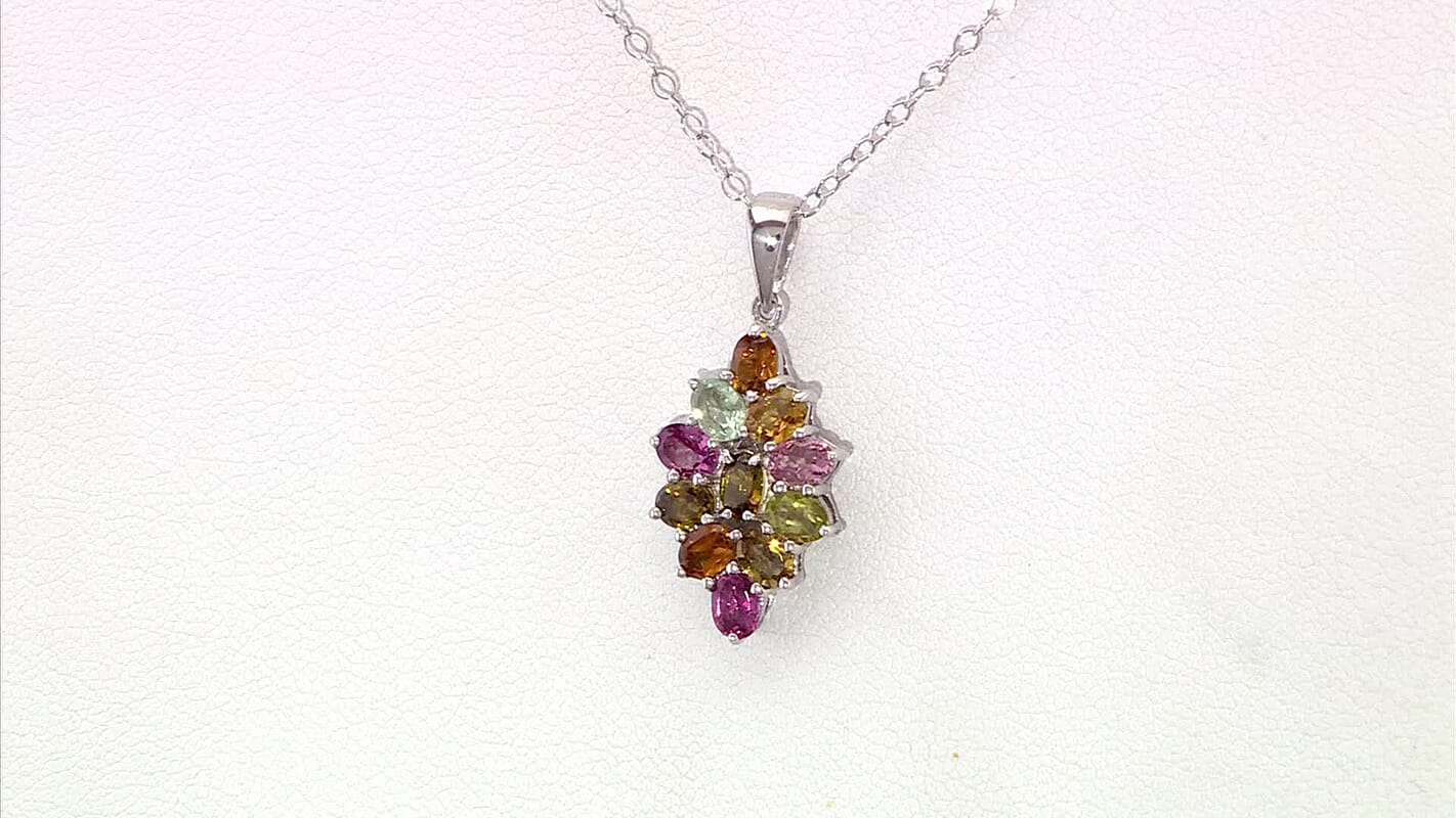 D'Joy Multi-Tourmaline 1.75 ctw Pendant Necklace in Rhodium Over Sterling Silver 20 Inches