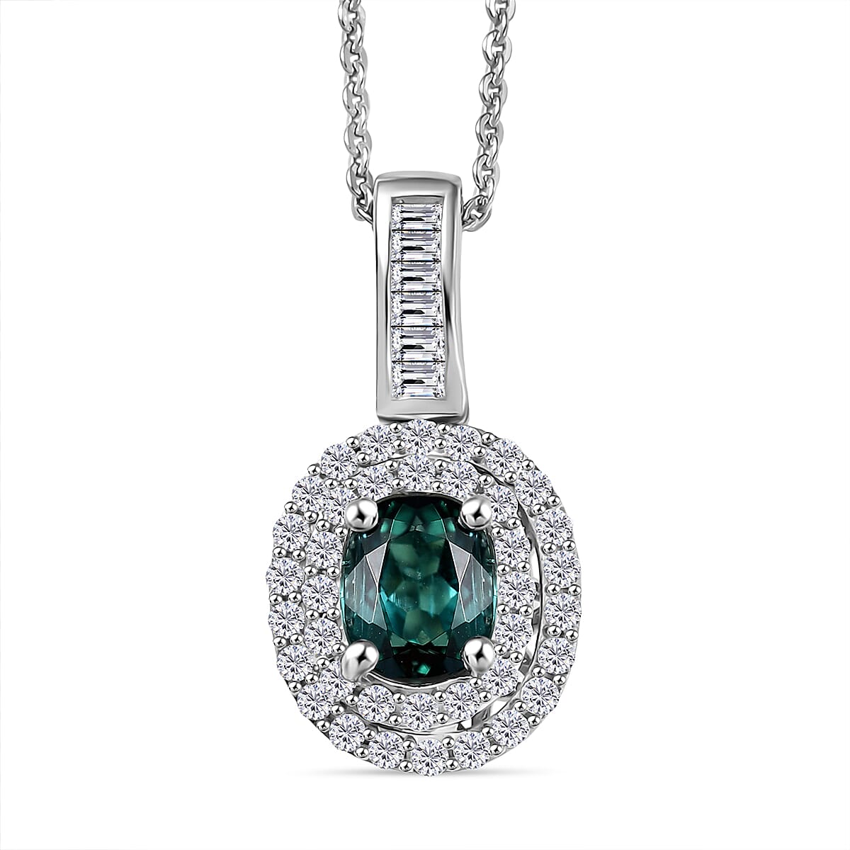 D'Joy Pirineu Lagoon Tourmaline and Moissanite 1.35 ctw Classic Halo Pendant Necklace in Rhodium Over Sterling Silver 20 Inches image number 0