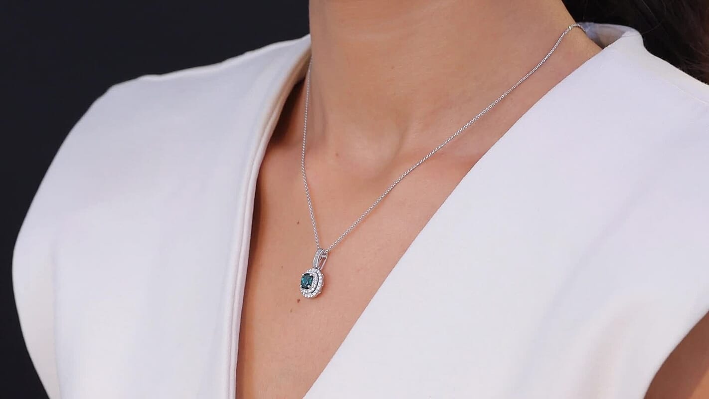 D'Joy Pirineu Lagoon Tourmaline and Moissanite 1.35 ctw Classic Halo Pendant Necklace in Rhodium Over Sterling Silver 20 Inches
