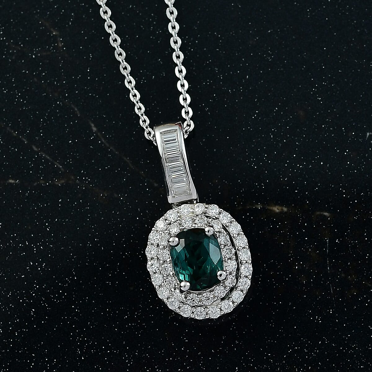 D'Joy Pirineu Lagoon Tourmaline and Moissanite 1.35 ctw Classic Halo Pendant Necklace in Rhodium Over Sterling Silver 20 Inches image number 1