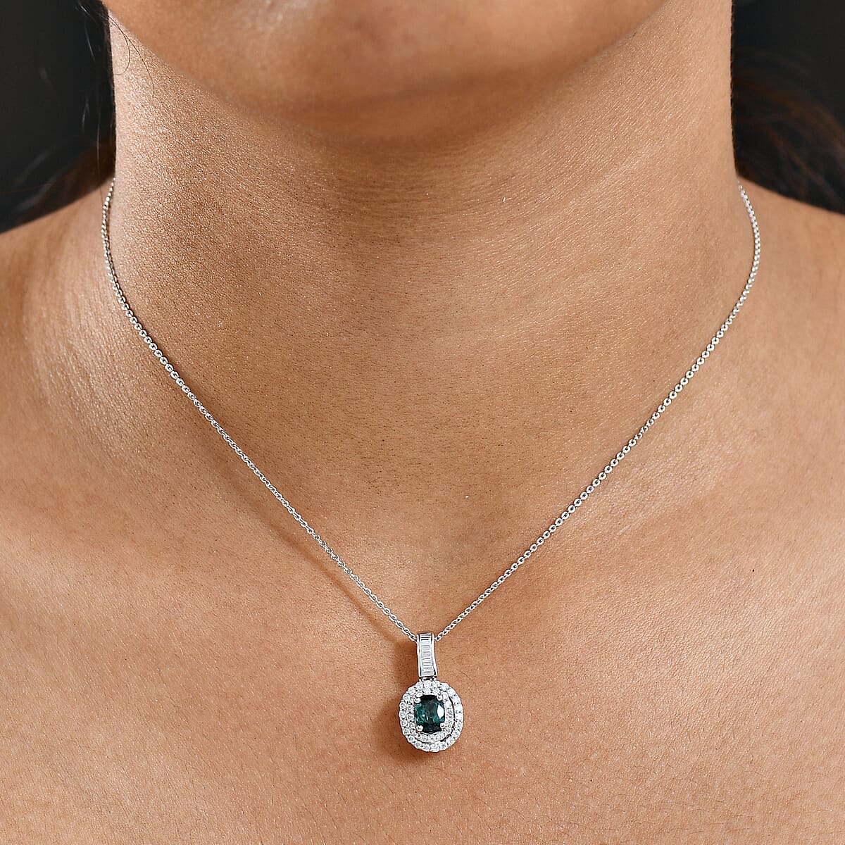 D'Joy Pirineu Lagoon Tourmaline and Moissanite 1.35 ctw Classic Halo Pendant Necklace in Rhodium Over Sterling Silver 20 Inches image number 2
