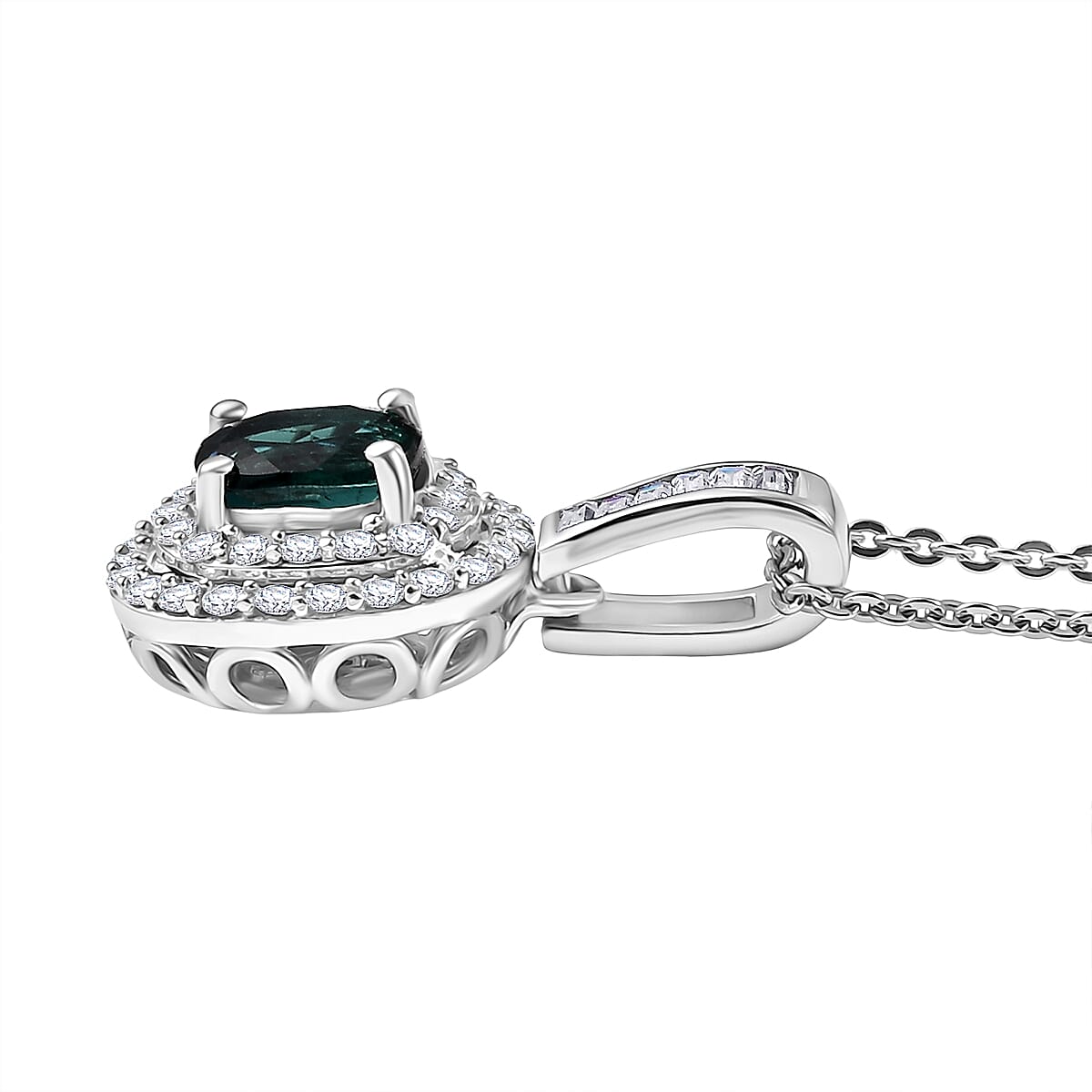 D'Joy Pirineu Lagoon Tourmaline and Moissanite 1.35 ctw Classic Halo Pendant Necklace in Rhodium Over Sterling Silver 20 Inches image number 3